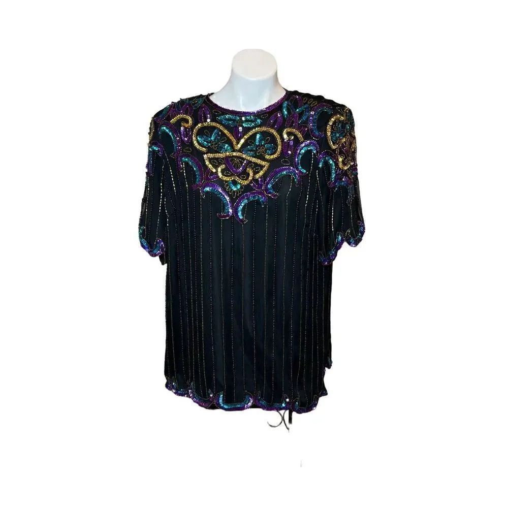Vintage 80’s black silk sequin and bead evening blouse